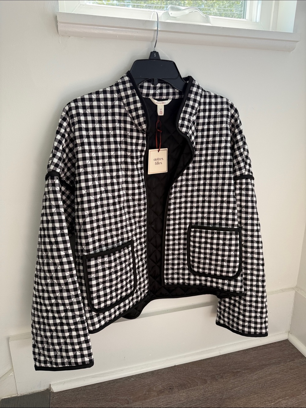 Anthropologie Black & White Gingham Quilted Bomber Jacket